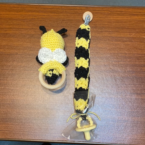 Handmade Crocheted Bee Rattle and Pacifier Holder - Picture 2 of 2